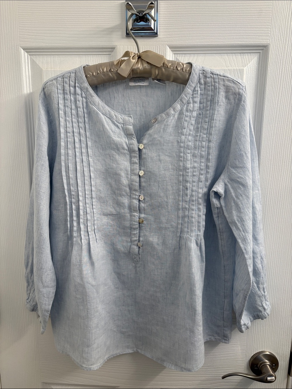 Women's Sigrid Olsen Light Blue 100% Linen Coastal Pintuck Shirt Blouse